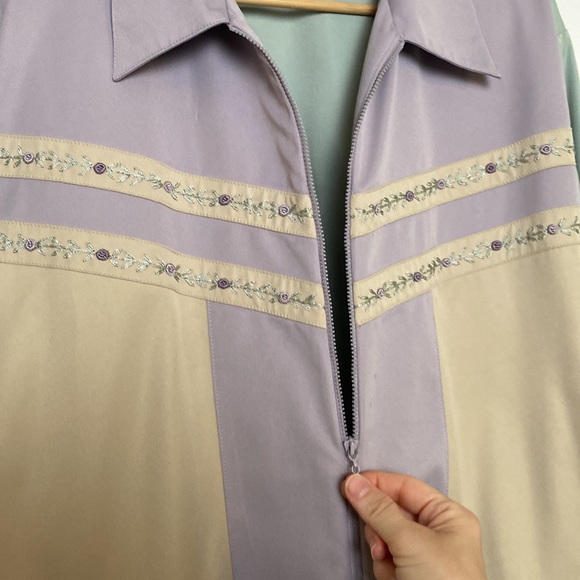 Vintage Jacket Women XL 22W Tan Pastels 90s Floral Embroidery Cottagecore Spring - Picture 6 of 16